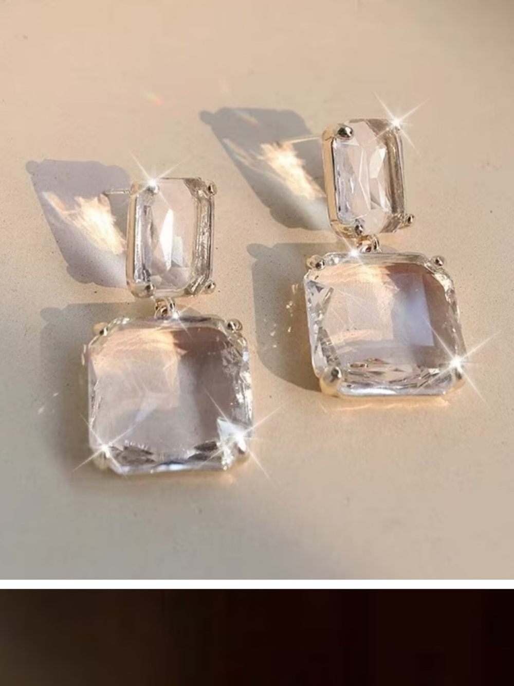 🧊 Gold-Tone Clear Crystal Ice Cube Drop Earrings - Women Jewelry
